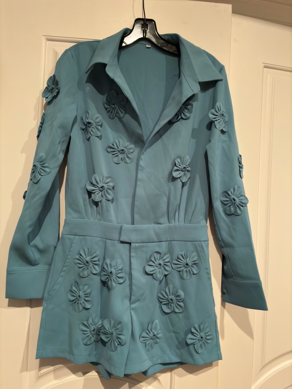 Women's Teal Floral-Appliqué Blazer Romper